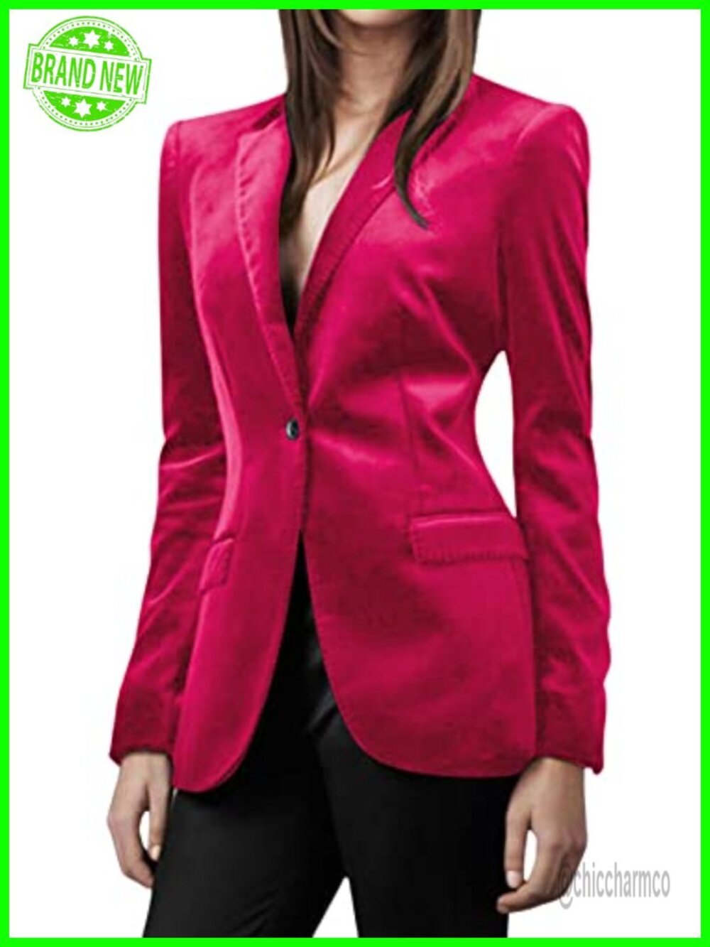 Fitted Velvet Blazer One Button Notched Collar Business Suit Jacket